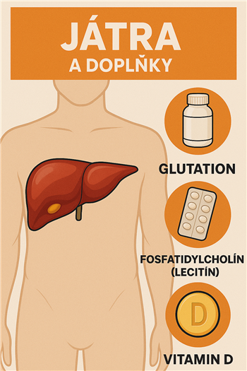 Ilustrace doplňků podporujících zdraví jater: glutathion, fosfatidylcholin (lecitin) a vitamin D.